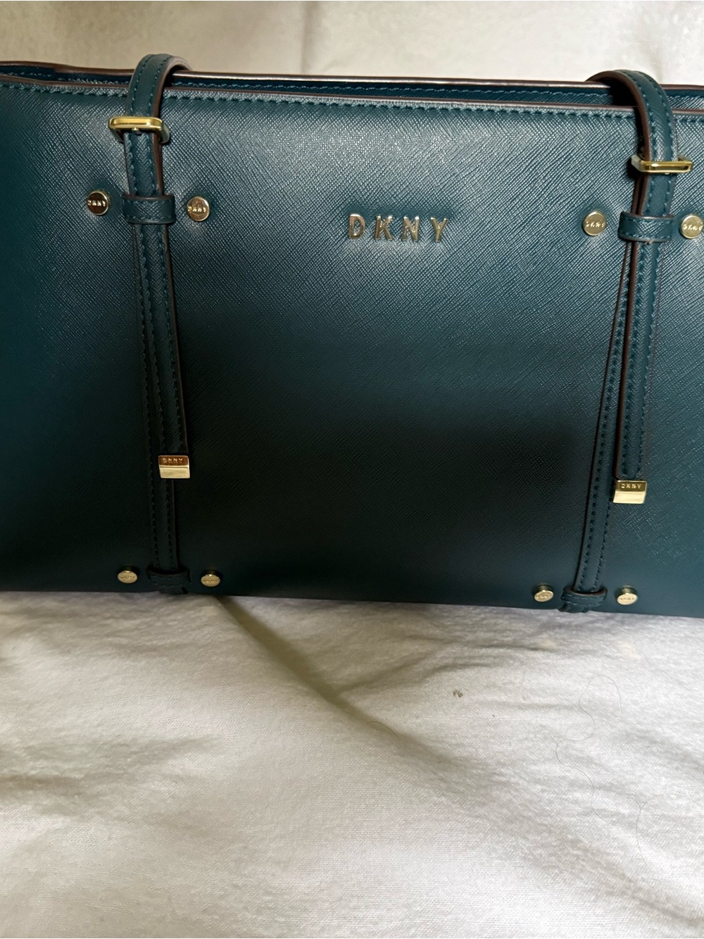 DKNY Deep Teal Saffiano Leather Tote with Gold Hardware